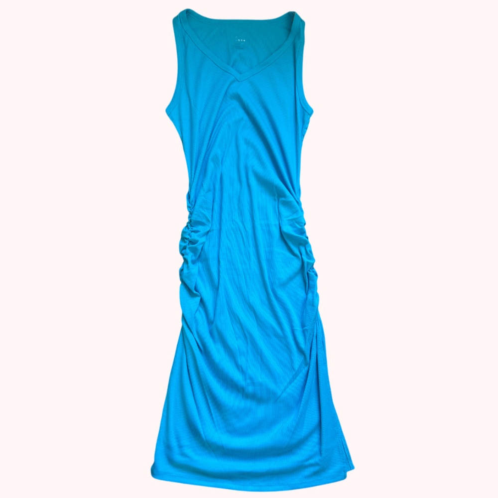 A New Day Rib Knit Side Ruched Dress Women Size Large Bodycon Sleeveless Blue
